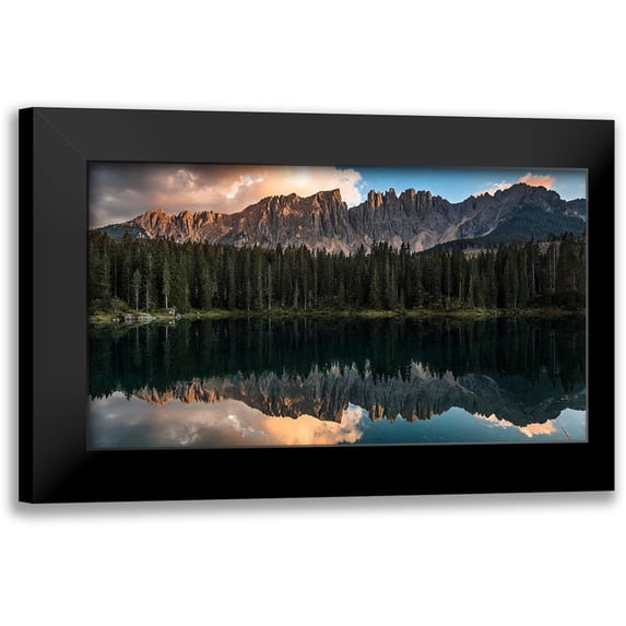 Aguaneigra 14x10 Black Modern Framed Museum Art Print Titled - Sunset At Lake Carezza