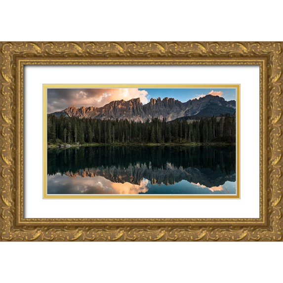 Aguaneigra 24x15 Gold Ornate Wood Framed with Double Matting Museum Art Print Titled - Sunset At Lake Carezza