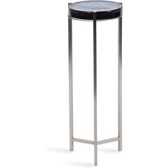 Aguilar Modern Drink Table; 9 x 9 x 23; Blue Glass and Silver; Unique Round Glass Mini Table for Use as Bathroom Accent or Coastal Plant Stand