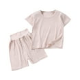 thumbnail image 1 of Kukoosong Toddler Boy Summer Outfit Sets Casual Baby Boys And Girls Round Neck Short Sleeved Solid Color T-Shirt High Waisted Shorts Set Khaki 5-6 Years, 1 of 2