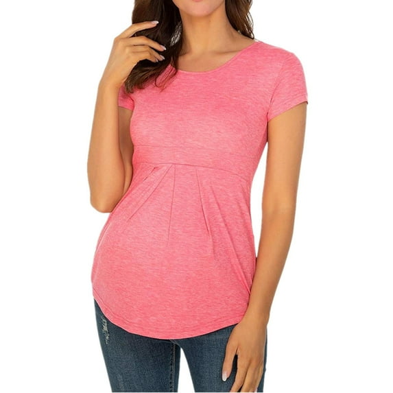 Kukoosong Women's Short Sleeve Maternity T Shirt Clothes for Women Summer Women Maternity Clothes Round Neck Short Sleeve Ruffle Fold Pregnant Tops Pink M