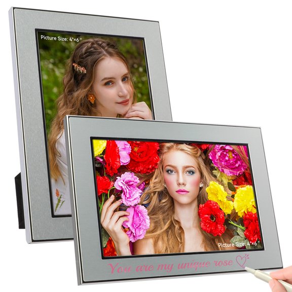 AhaGo Silver Metal Photo Frame, for 4×6 inches, Set of 2, Wide Edge, Personalized Handwritten Blessings