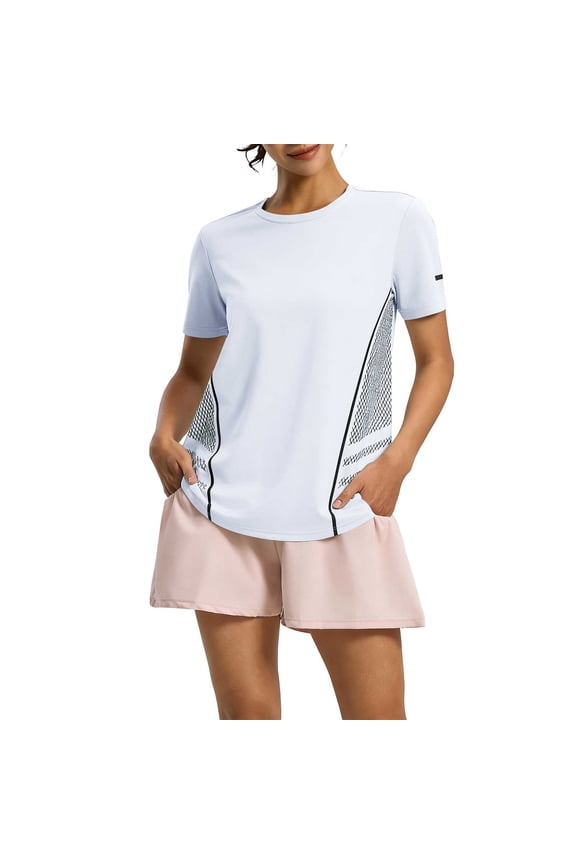 Women's Ice Silk Athletic T Shirt Short Sleeve Crew Neck Mesh Panel Moisture Wicking Quick Dry Workout Running Gym Activewear Top XL