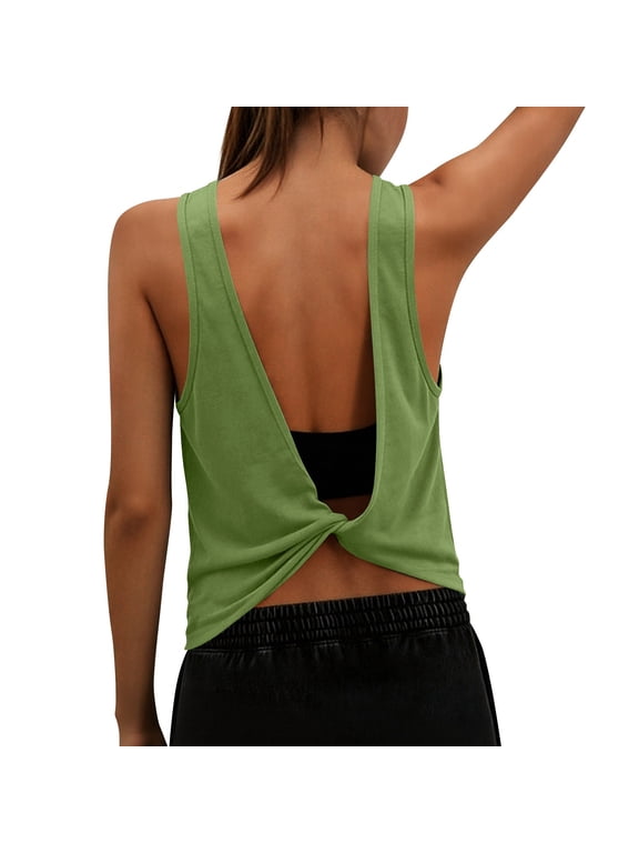 Women's Low Back Tank Top Twisted Sleeveless Scoop Neck Cutout Athletic Yoga Workout Gym Running Activewear Shirts for Summer L