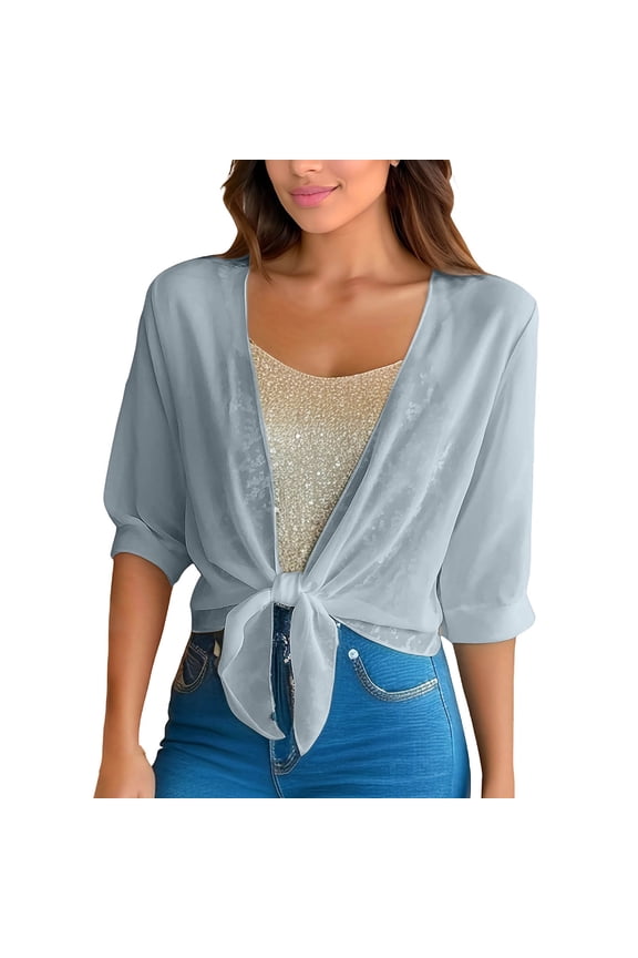 Women's Tie Front Cardigan Elbow Sleeve Open front Shrug Bolero Lightweight Sheer Chiffon Cover up for Evening Dresses Casual Wear M