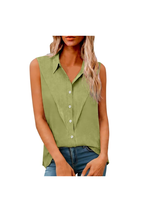 1 Pc Linen Button Down Shirts for Women, Lapel Collar Button Sleeveless Loose Fit Casual Tunic Blouse