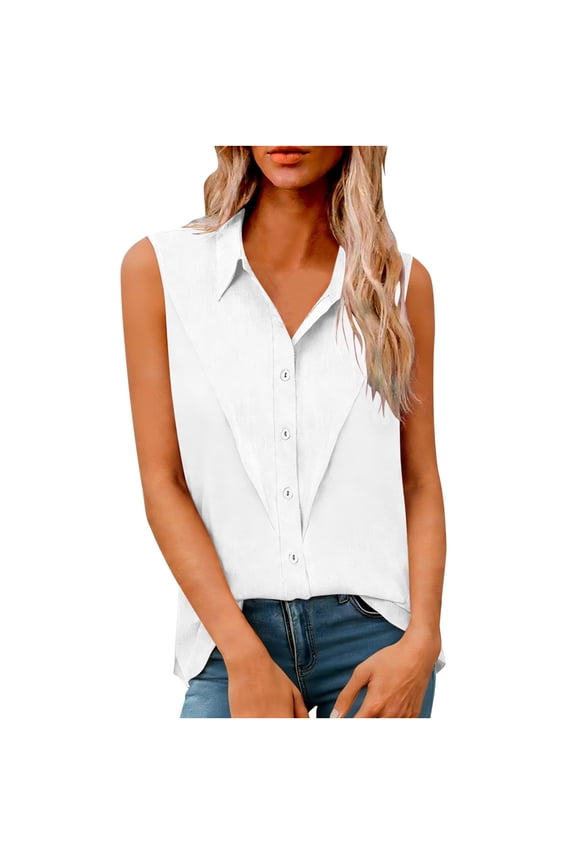 1 Pc Linen Button Down Shirts for Women, Lapel Collar Button Sleeveless Loose Fit Casual Tunic Blouse