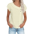 thumbnail image 1 of Ahabrexf 1Pc Linen Blouses for Women, Solid Color Asymmetric Collar Button Down Petal Short Sleeve Lightweight Breathable Casual Tops, 1 of 9
