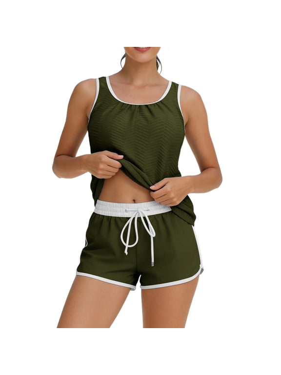 2 PC Swimsuits for Women Sporty Tank Top With Shorts Swimsuit Set