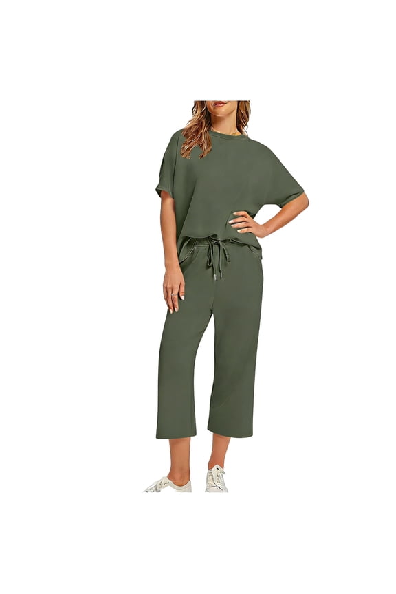 2 Pc Sets for Women Summer Casual Crew Neck Short Sleeve Top and Wide Leg Pants with Pockets Outfit