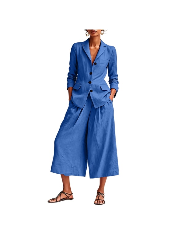 2 Piece Linen Outfit Set for Women, Lapel Button Blazer with Pocket Wide Leg Cropped Culotte Pants Solid Casual Coordinate for Office Vacation Wear