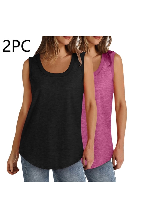 Tees for Women, 2 Pc Solid Color Round Neck Sleeveless Cropped Casual Tank Set