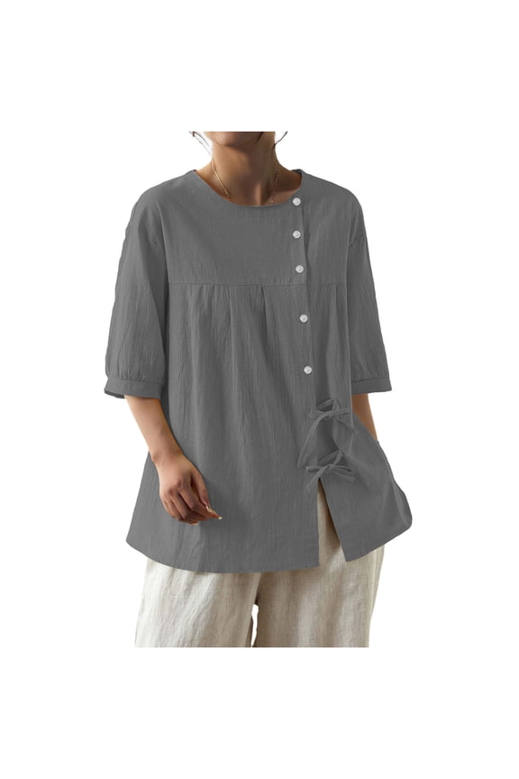3/4 Sleeve Summer Tops for Women Round Neck Button Front Drawstring Casual Blouse Polyester Shirt