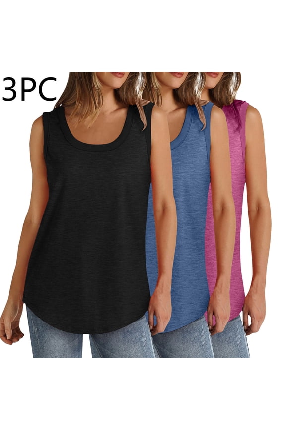 Womens Tank Tops, 3 Pc Solid Color Round Neck Sleeveless Casual Cropped Tee Set