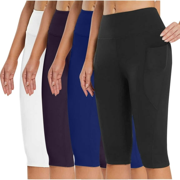 Ahabrexf Leggings for Women, 4-Pc Set of High Waisted Yoga Capris with Pockets for Summer