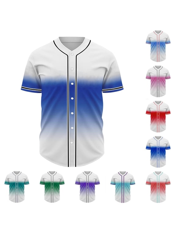 Baseball Jersey Men's Short Sleeve Gradient Button Down Striped Trim Breathable Polyester For Athletic Casual Summer Everyday Wear