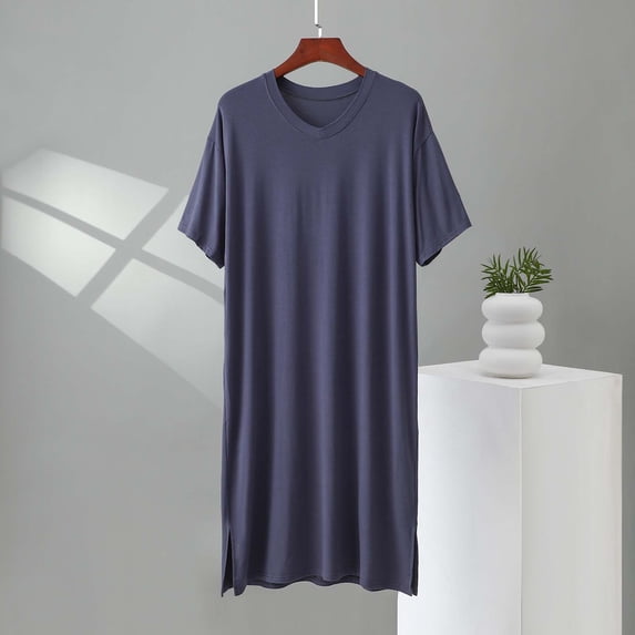 Ahabrexf Bathrobes for Men Soft,Short Sleeve V-Neck Solid Color Loose Nightgown Home Wear