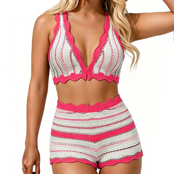 Ahabrexf Bikini Swimsuit for Women Solid Color Striped Beach Set with Removable Padded Bra and Shorts