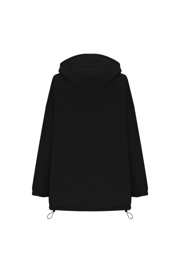 Women's Casual Tops, Classic Black Hooded Sweatshirt with Adjustable Drawstring Hem and Lantern Sleeves