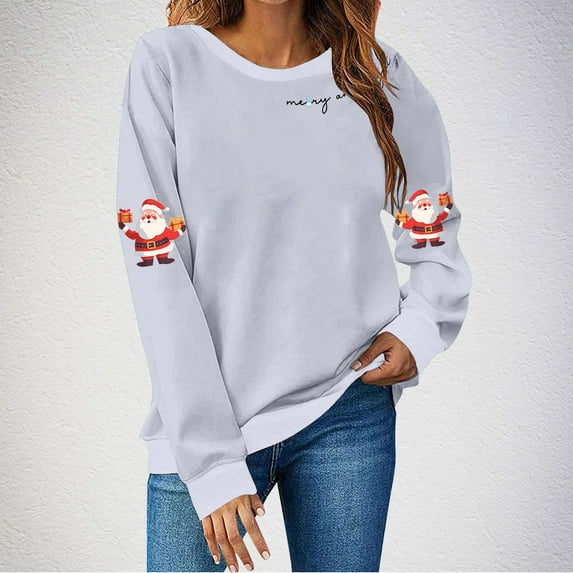 Ahabrexf Blouses for Women Christmas Women's Fashion Long Sleeve Round Neck T-Shirt Printing Loose Blouse Hoodless Sweatshirts Top Blouses for Women Fashion Blouses for Women Fashion