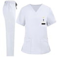 thumbnail image 1 of Ahabrexf Blouses for Women,Solid Color V-Neck Short Sleeve Nursing Uniform Set with Drawstring Pants, 1 of 4