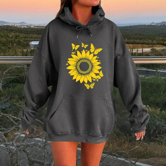 Ahabrexf Blouses for Women, Printed Long Sleeve Hooded Sweatshirt Fashion Top
