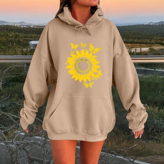 Ahabrexf Blouses for Women, Printed Long Sleeve Hooded Sweatshirt Fashion Top