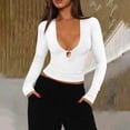 thumbnail image 1 of Ahabrexf Blouses for Women, Elegant V Neck Hollow Knit Long Sleeve Top in Solid Color for Daily Wear, 1 of 5
