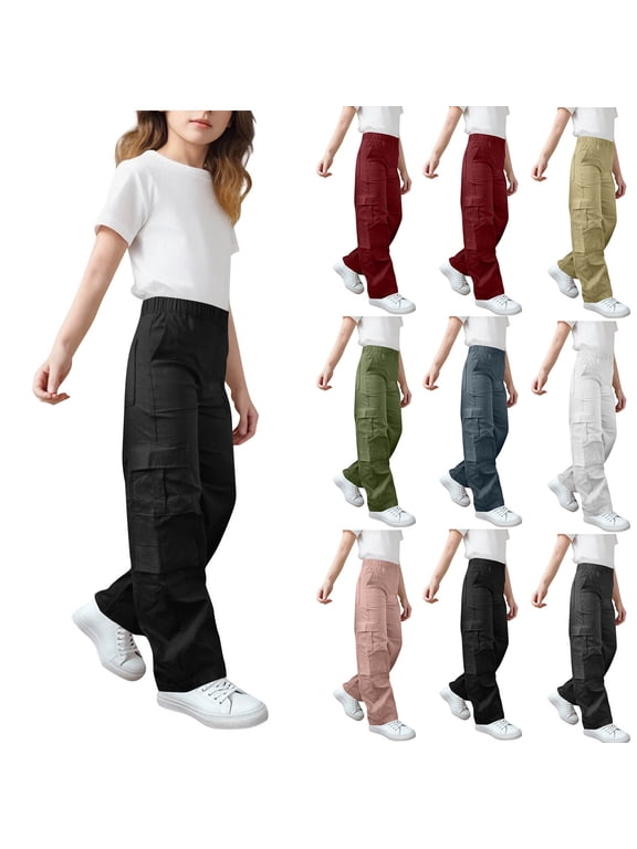 Boys Cargo Pants Elastic Waist Straight Leg Twill Work Pants with Pockets Casual Loose Fit Trousers for Everyday Play and School