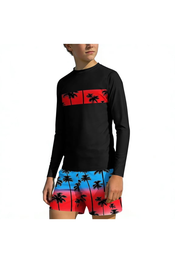 Boys Long Sleeve Skin-Guard Swim Shirt and Shorts Set Upf 50+ Hawaiian Beach Surf Swimsuit 2 Pc for Kids 3-14 Years