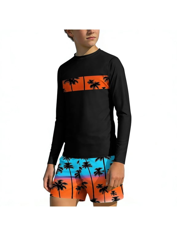 Boys Long Sleeve Skin-Guard Swim Shirt and Shorts Set Upf 50+ Hawaiian Beach Surf Swimsuit 2 Pc for Kids 3-14 Years