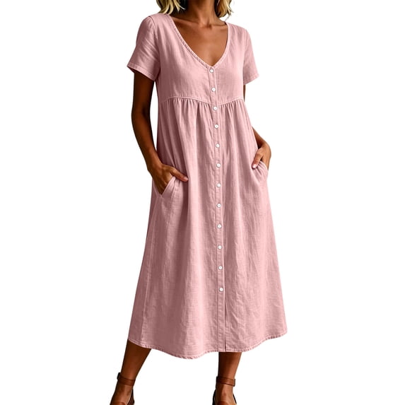 Ahabrexf Button Down Midi Dress for Women, V Neck Short Sleeve Linen Mixed A Line Casual Dress with Pockets for Summer Wear