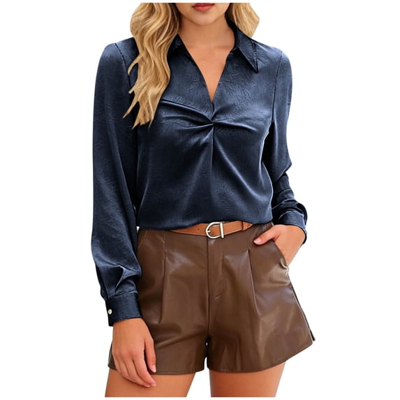 Ahabrexf Button Down Shirts for Women Collared V Neck Long Sleeve Solid Blouse Top