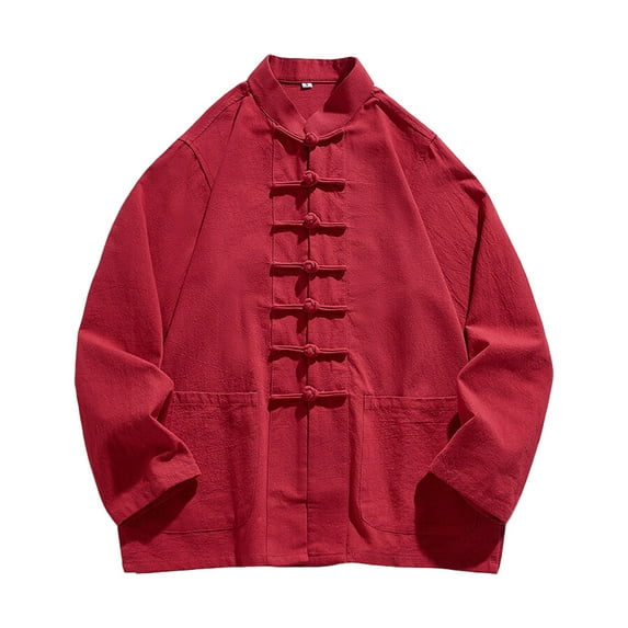 Ahabrexf Mens Flannel Jacket, Solid Color Long Sleeve Stand up Collar Cardigan Linen Shirt Top