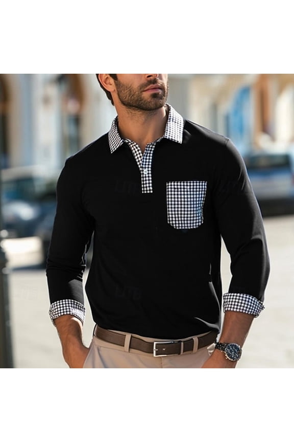 Checkered Patchwork Shirt, Men's Long Sleeve Button up Casual Breathable Top