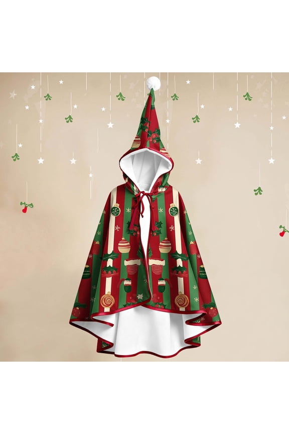 Hooded Cape Cloak for Women, Christmas Print Loose Cardigan Shawl Lace Jacket