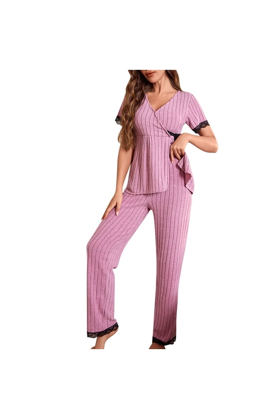 Casual Home Wear Short Sleeve Shirt and Long Pants Pajama Set for Women, Polyester Spandex Mix, Round Neck, Matte Finish, Soft Comfortable Fit, Lightweight Breathable