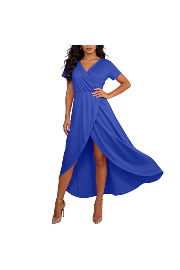 Casual Maxi Dress, Women's V-Neck Short-Sleeve Flowy Gown with Front Wrap and High Side Slit for Multiple Occasions
