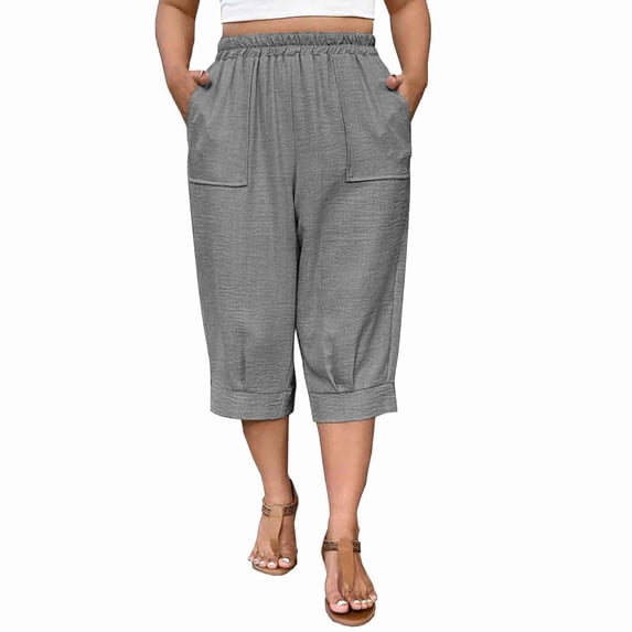 Ahabrexf Casual Pants for Women, Summer Solid Color Plus Size Cropped Pants With Pockets, Daily Wear