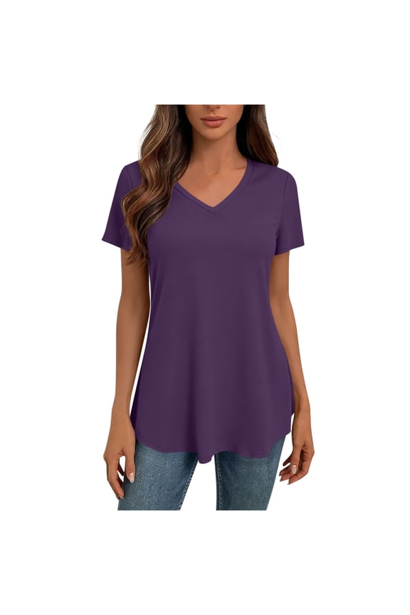 Casual Short Sleeve Blouses for Women V-Neck Darted Cinched Waist Tunic Top