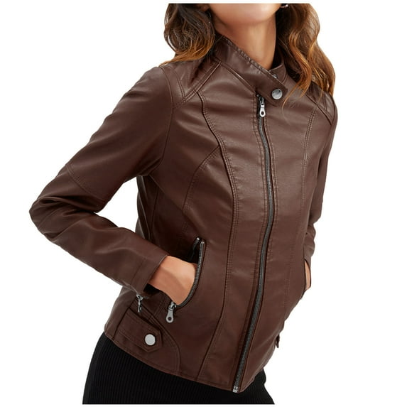 Ahabrexf Sleepwear for Women, Collar Neck Summer Outwear Pocket Zipper Faux Leather Tops