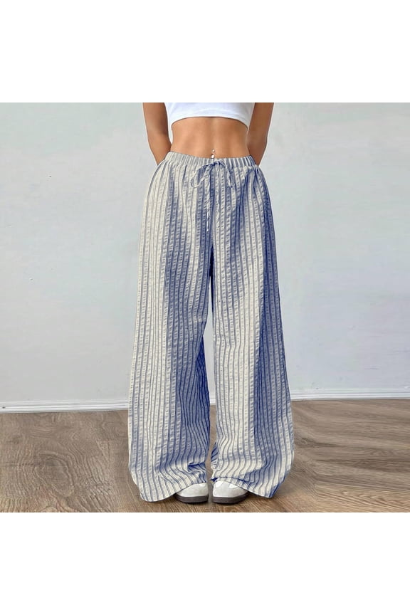 Casual pants for women,Spring and Summer Mid Waist Striped Denim Trousers with Lace-Up and Pocket Detail