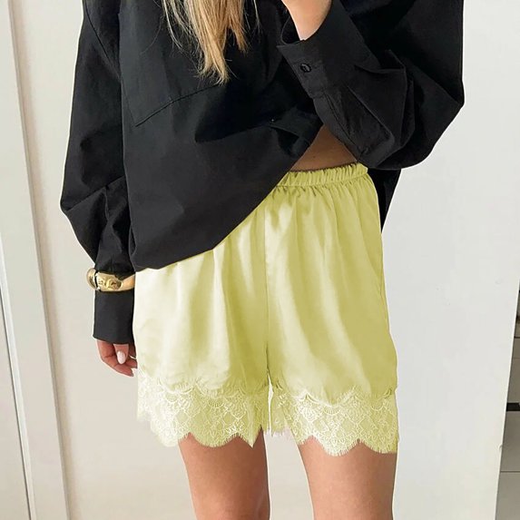 Ahabrexf Casual Shorts for Women,Fashionable Lace and Satin Elastic Waist Sleepwear Home Shorts with Flat Hem