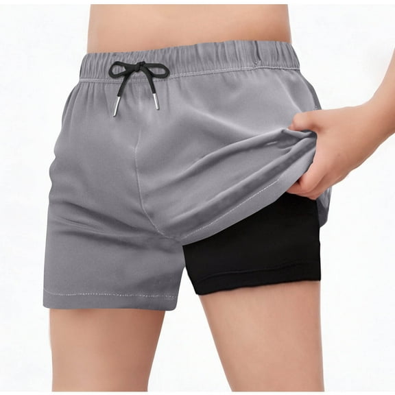 Ahabrexf Shorts with Pockets Little People's Solid Color Double-Layer 2 In 1 Athletic Running Shorts ,Compression Liner Quick Dry with Pockets for Gym Swimming Hiking and 1 Shorts