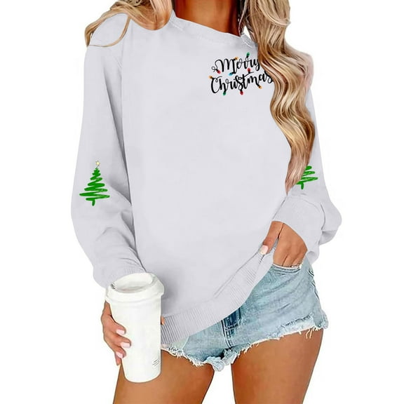 Ahabrexf Christmas Sweatshirts for Women,Women's Classic Neck Merry Christmas Patterned Long Sleeved Top Sweatshirts Women's Winter Fleece