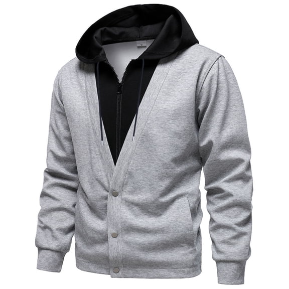 Ahabrexf Long Coat Men, False Bilayer Hooded Zip Button Thickened Warm Long Sleeve Top