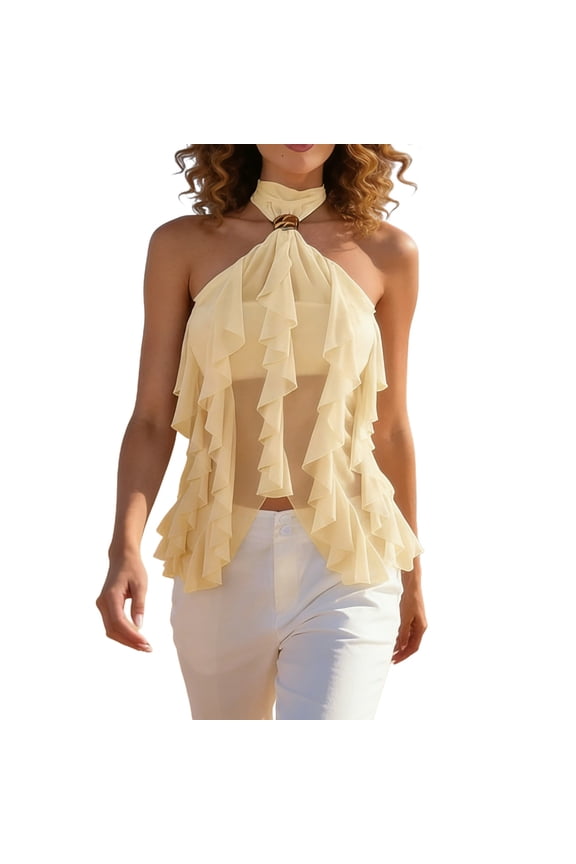 Cold Shoulder Tops for Women Drape Neck Sleeveless Ruffle Sheer Mesh Solid Color Top