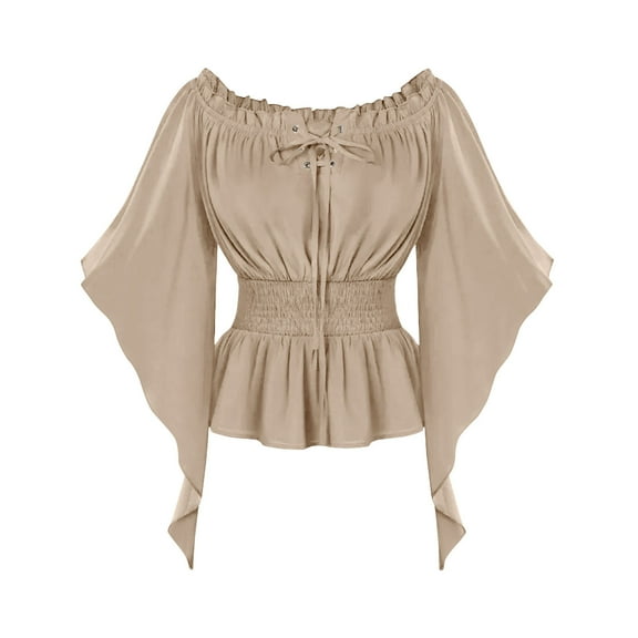 Ahabrexf Costumes for Women Women's Renaissance Shirt Off Shoulder Solid Long Sleeve Waisted Smocked Blouse Costume Tops Shirts for Women Shirts for Women