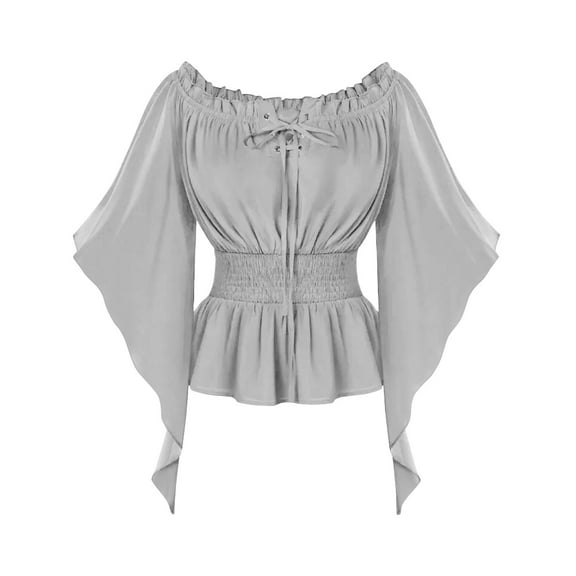 Ahabrexf Costumes for Women Women's Renaissance Shirt Off Shoulder Solid Long Sleeve Waisted Smocked Blouse Costume Tops Shirts for Women Shirts for Women