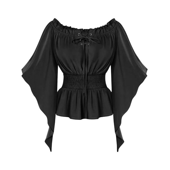 Ahabrexf Costumes for Women Women's Renaissance Shirt Off Shoulder Solid Long Sleeve Waisted Smocked Blouse Costume Tops Shirts for Women Shirts for Women